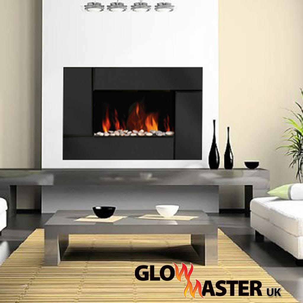 Electric Fire Black Glass Slim Fireplace Wall Mounted Mirror