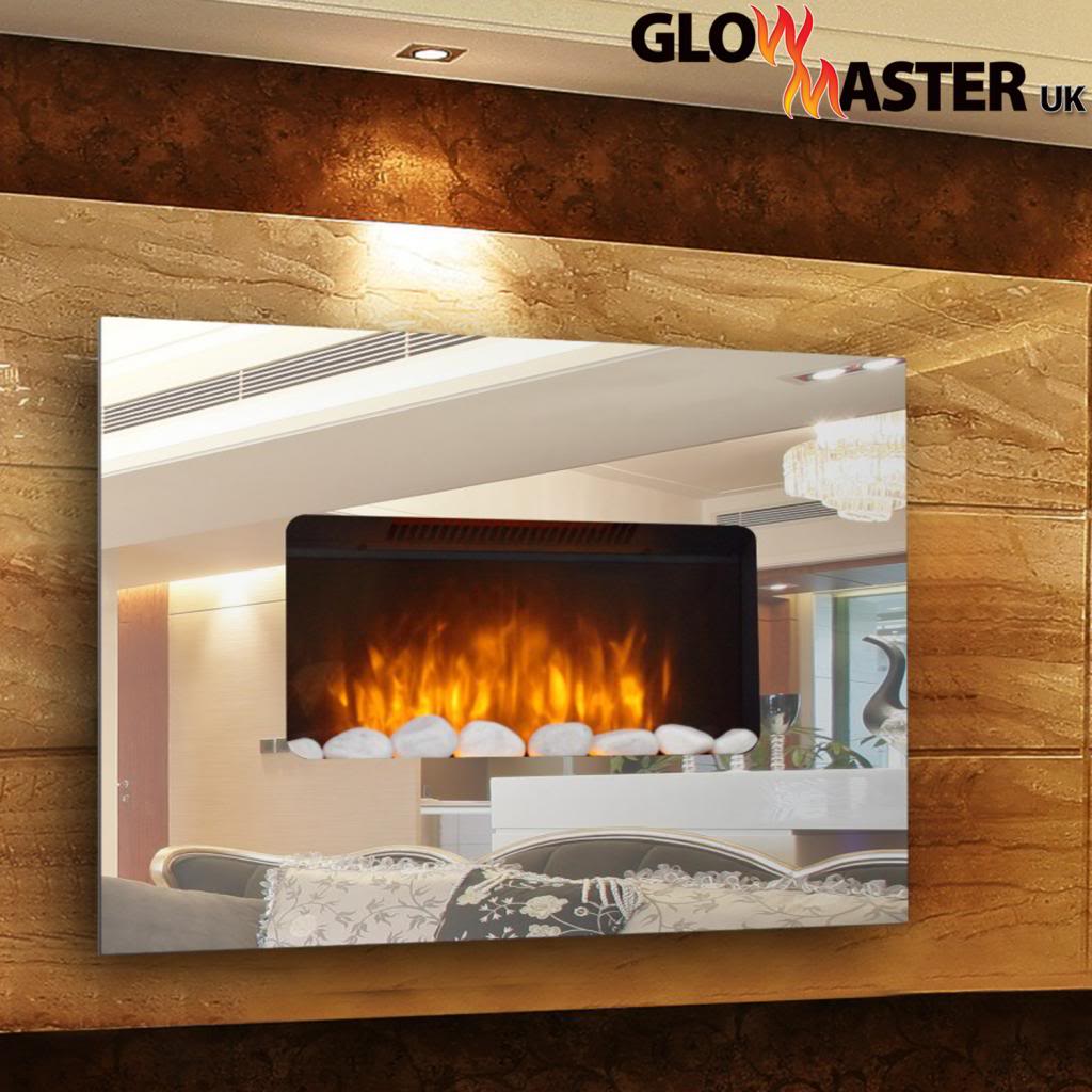 Glass Electric Fire Fireplace Wall Mounted Mirror Slim Heater Glass Electric Fire Fireplace Wall Mounted Mirror Slim Heater Flicker Real Flame 5055915032788