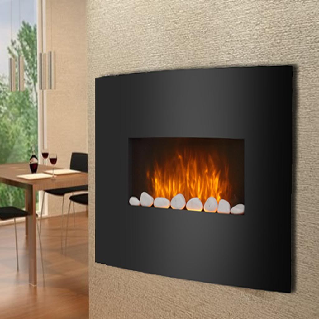 Black Glass Electric Fireplace Fire Slim Curved Wall Mounted Living Item Specifics
