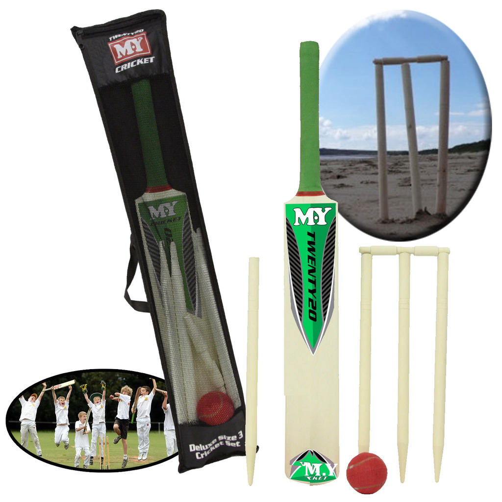 Kids Cricket Set Size 3 Wooden Wickets Bat Ball Stumps Play Outdoor